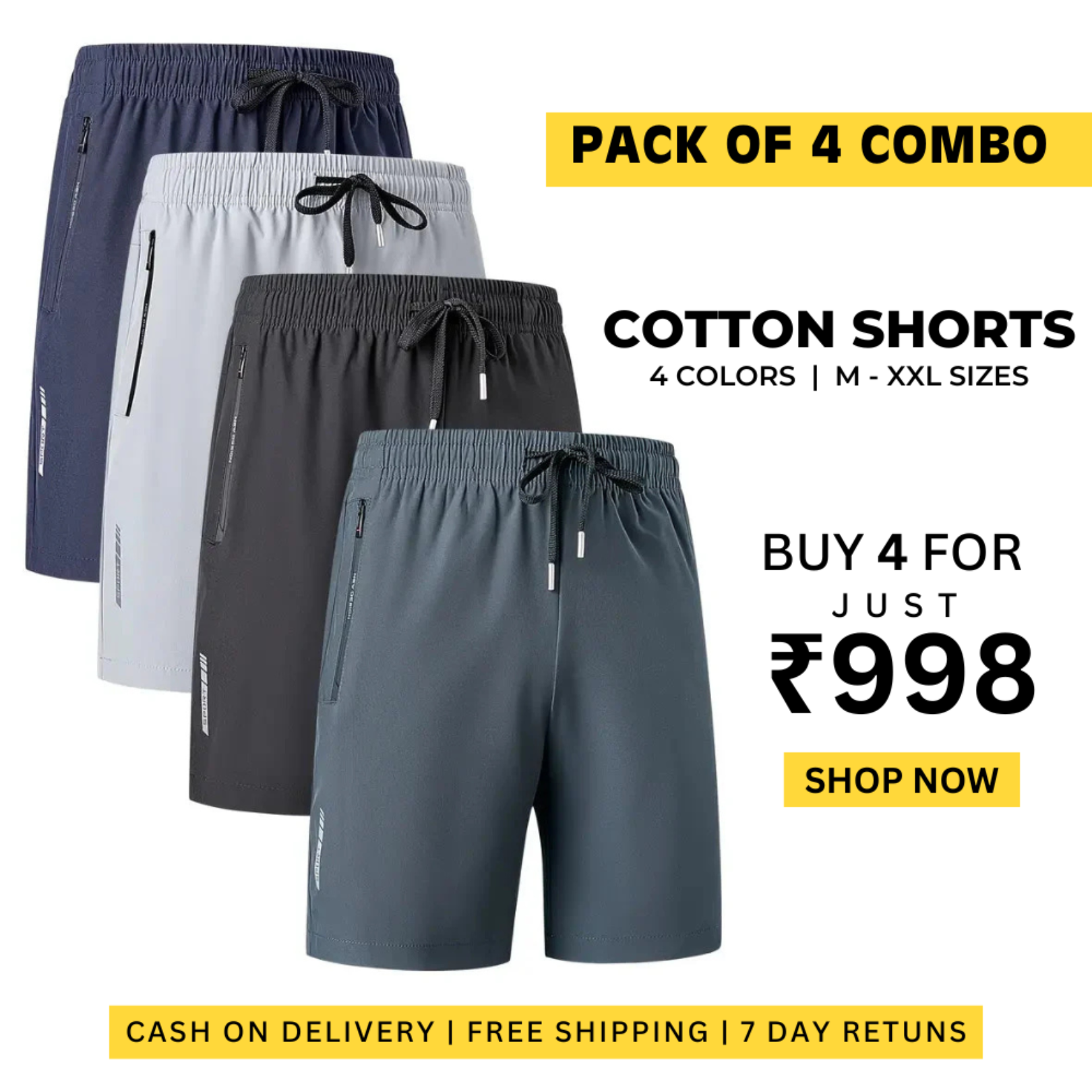 Combo of 4 Men's Stretchable Cotton Shorts for summers ☀️(₹200/piece)